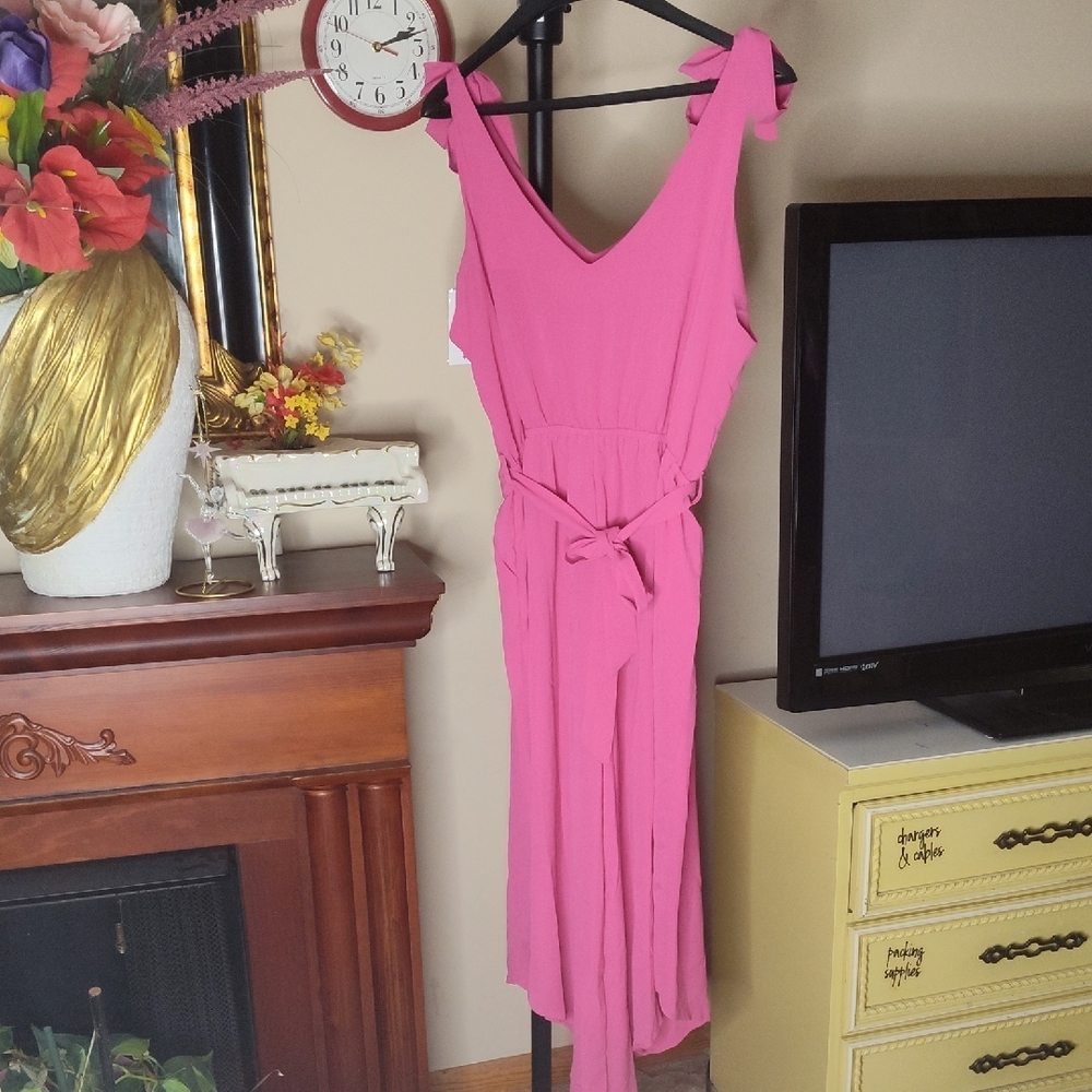 BelongSCI Jumpsuit V Neck Tie Sash Pink Sleeveless Jumpsuit Size XXL